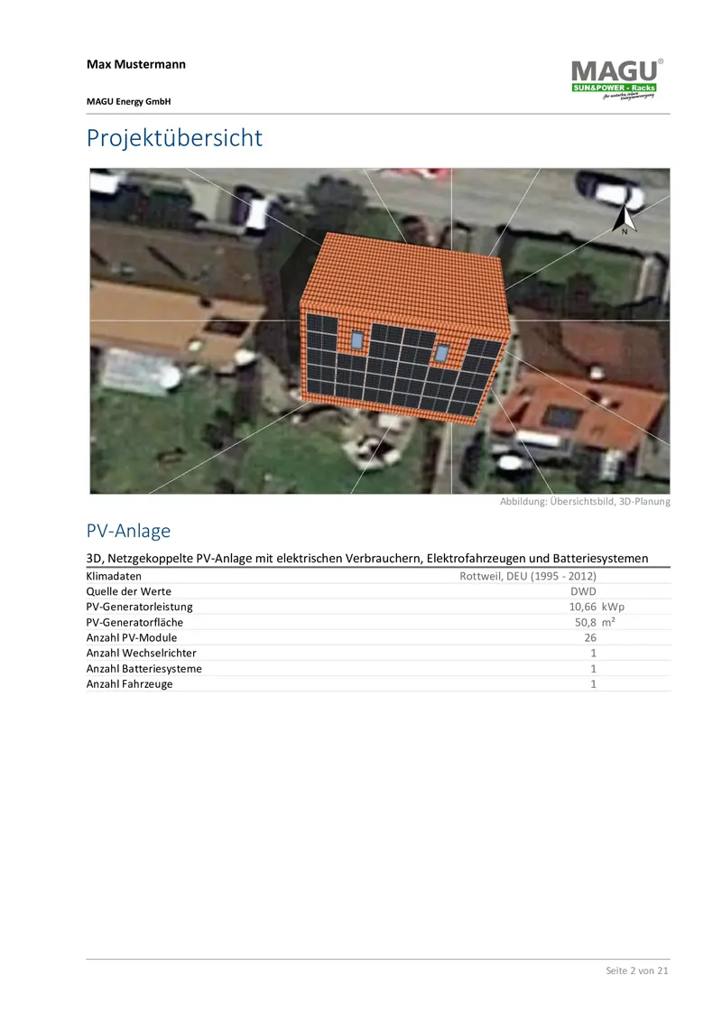 Projektierungsübersicht einer PV Anlage an einer bestimmten Adresse. Individuell je nach Dachtyp.
