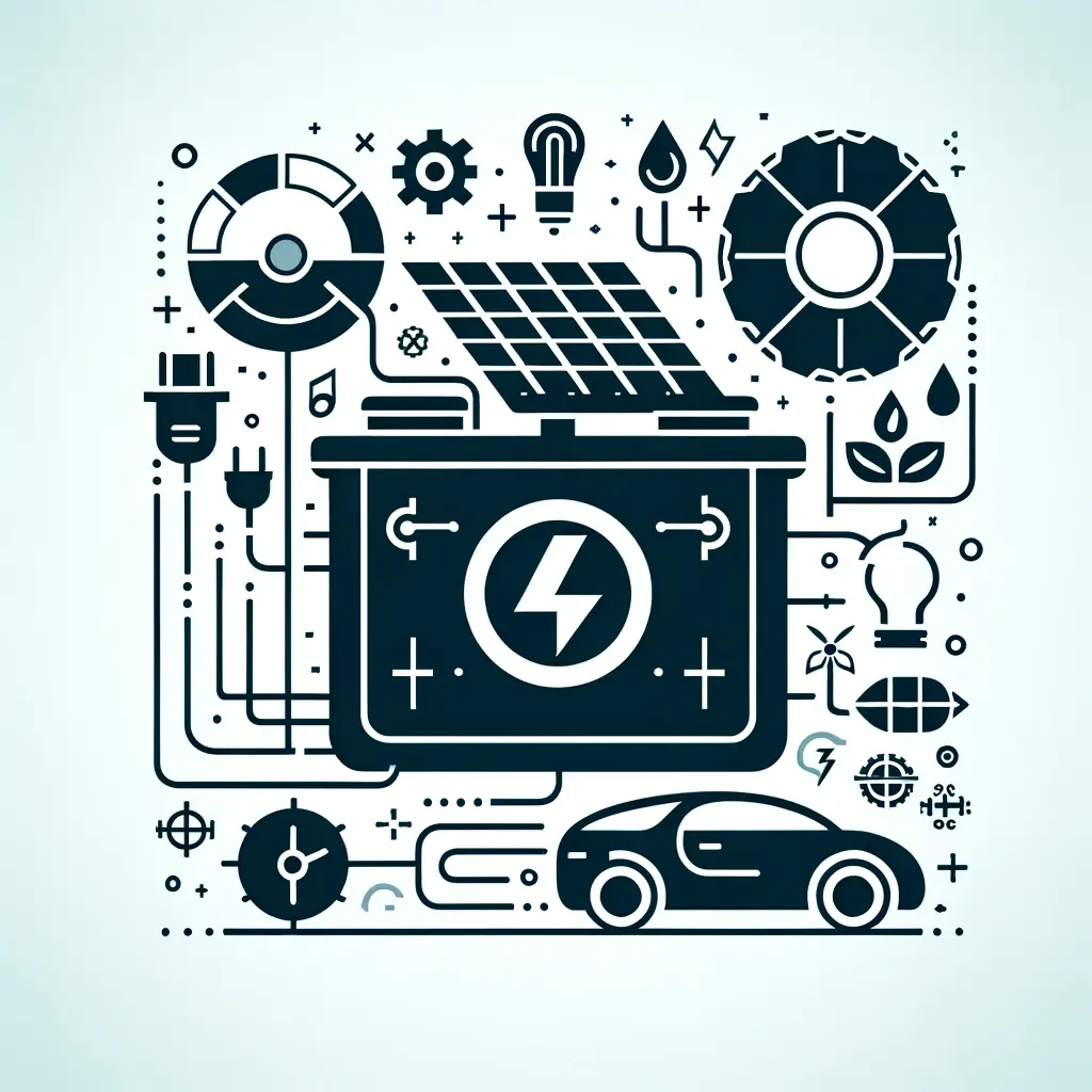 Grafische Darstellung eines Batterie-Management-Systems mit zugehörigen Energiesymbolen wie Solarzelle, Elektroauto, Atomsymbol und Wassertröpfchen, arrangiert um eine zentrale Batterieikone.