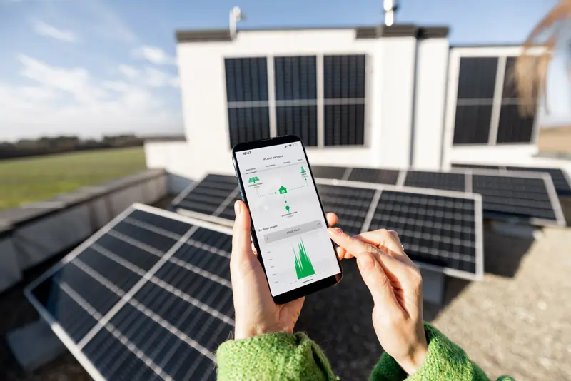 Person hält ein Smartphone mit einer Fernwartungs-App für Solarenergieanlagen vor Solarpaneelen auf dem Dach eines Hauses, wobei die App Echtzeitdaten und Grafiken zur Energieproduktion anzeigt.