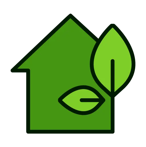 Icon eines grünen Hauses mit Blättern, das für langfristige Zuverlässigkeit und umweltbewusstes Wohnen mit minimaler Wartung steht.