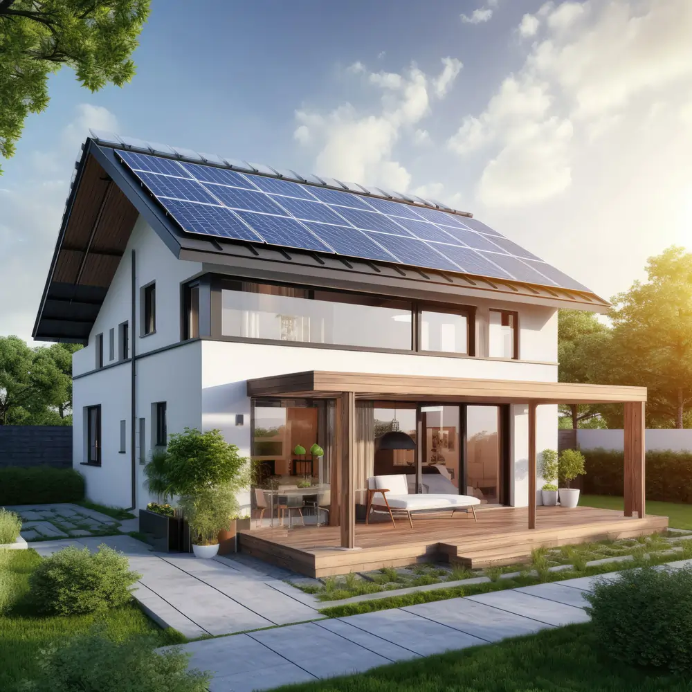 Modernes Einfamilienhaus mit Solarmodulen auf dem Dach, umgeben von Grünflächen, symbolisiert nachhaltige Energieversorgung durch IBC Solar Produkte.